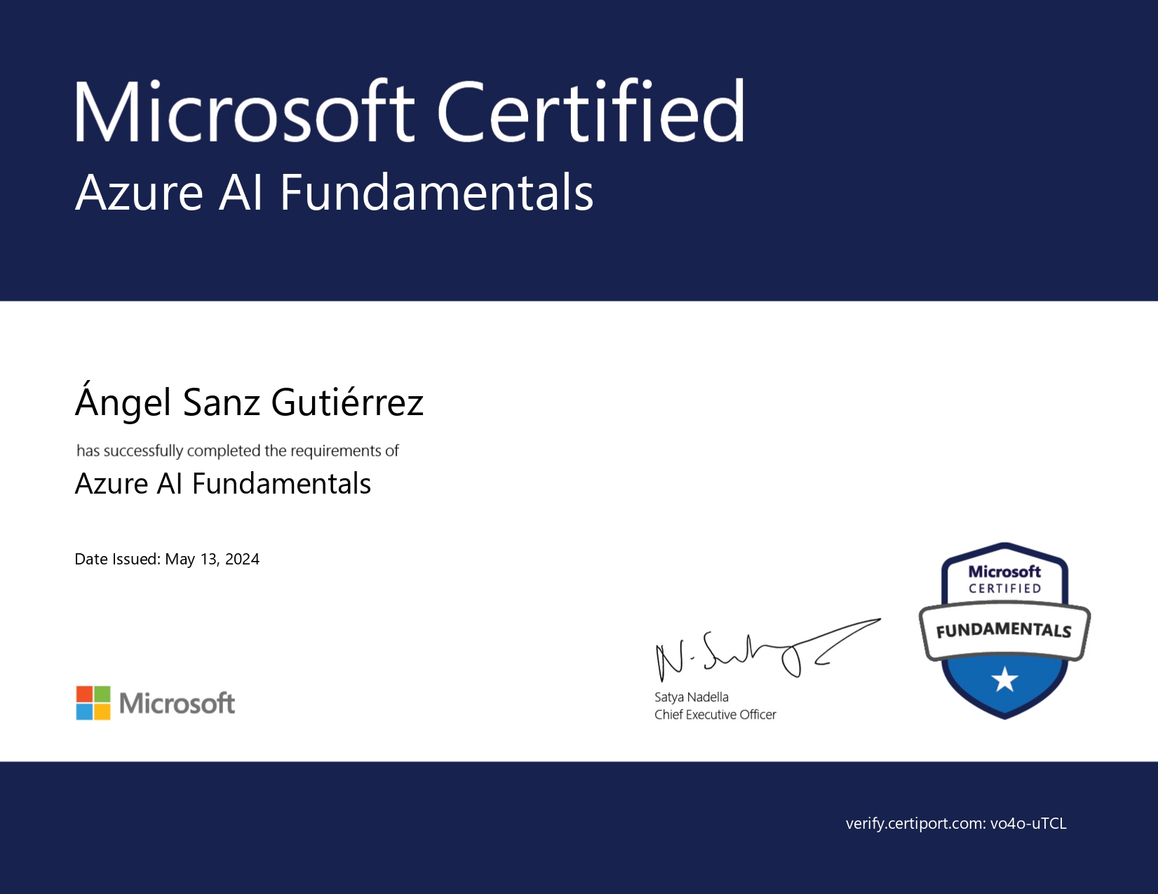 Verificar credencial oficial: AI-900: Microsoft Azure AI Fundamentals
