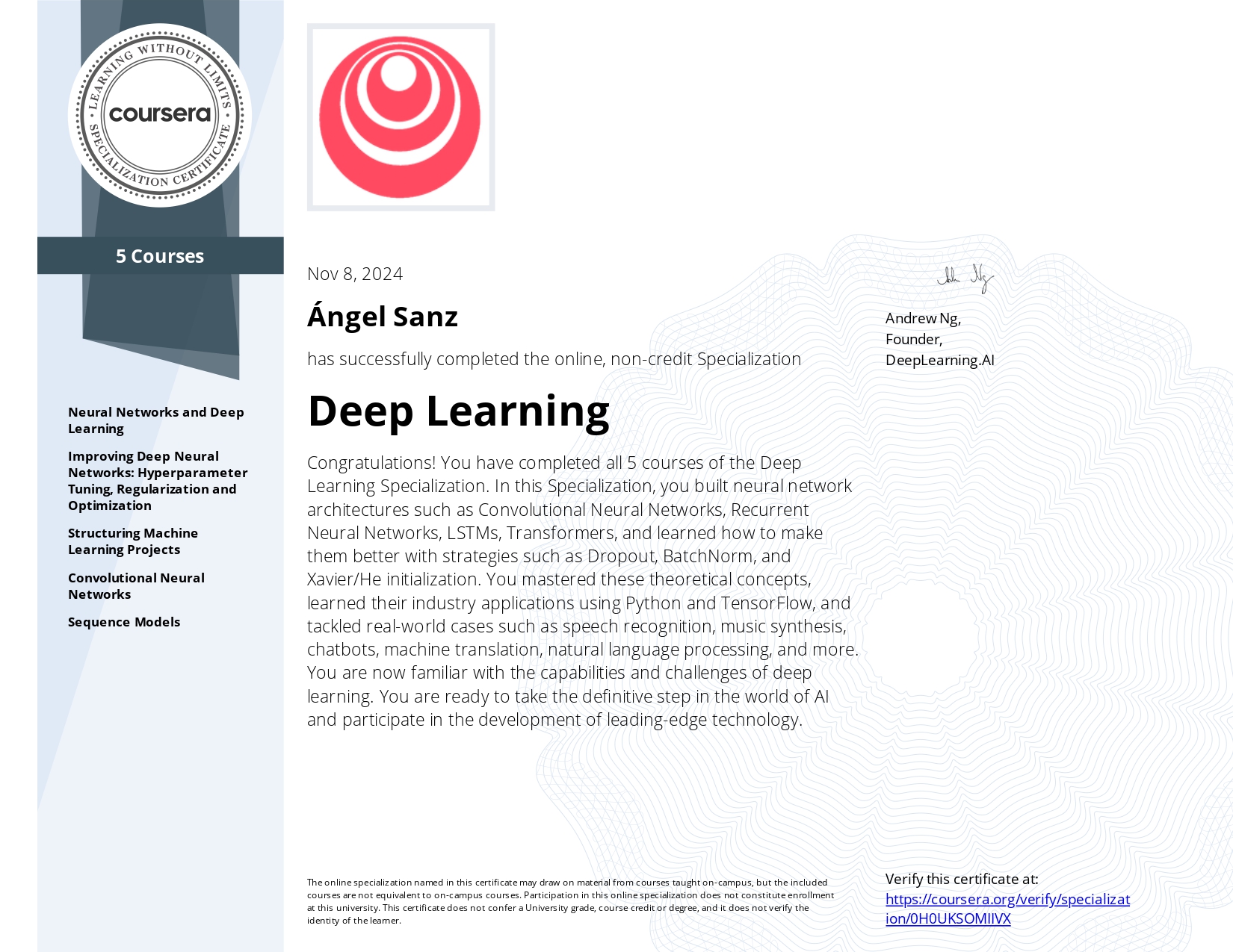 Verificar credencial oficial: Deep Learning Specialization